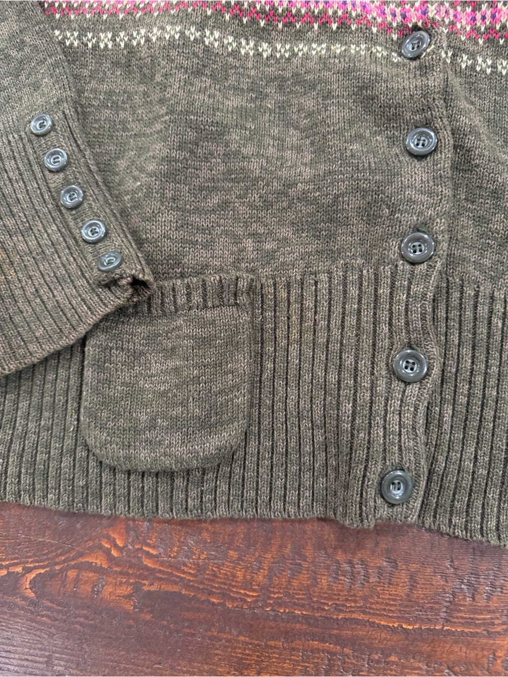 Vintage Tiara Fair Isle Cardigan Sweater Olive Green Pink Ramie Cotton Womens L - Picture 3 of 11